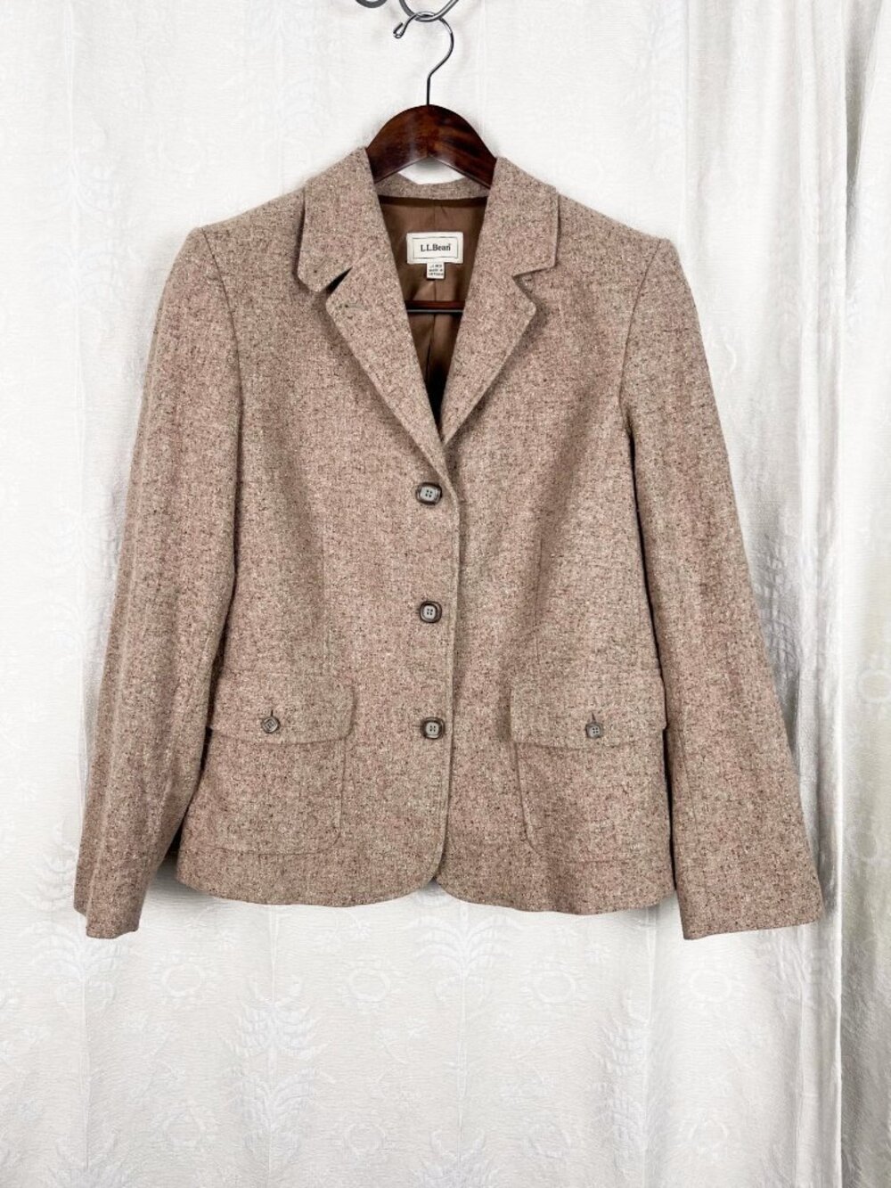 Wool silk tan tweed blazer L.L. Bean square buttons satin lining academia Large